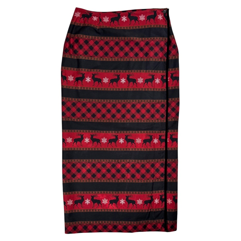 Vintage Red Buffalo Plaid Holiday Maxi Wrap Skirt 14 10 8 M Fair Isle Reindeer